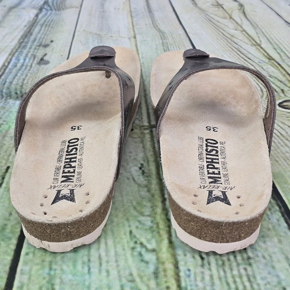 Mephisto Nikie Star Sandals Womens 35 5 Metallic Pewter Leather Cork Thong Slide